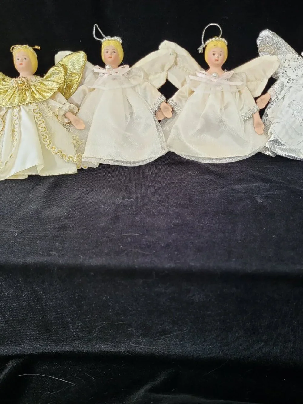Vintage Porcelain Angel Christmas Ornaments Lot of 4 White Gold Silver Ivory